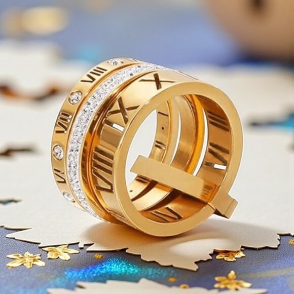 ๐ Modern Classic Roman Numeral Unisex Ring 18K Gold Plated Stainless Steel Sz 9 - Picture 9 of 13